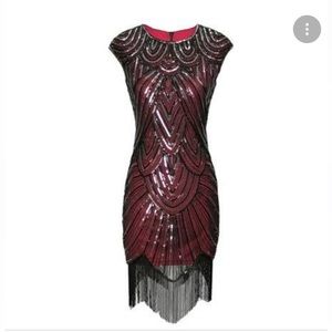 1920s Costume Maroon Flapper Dress Size M Medium With Matching Headband